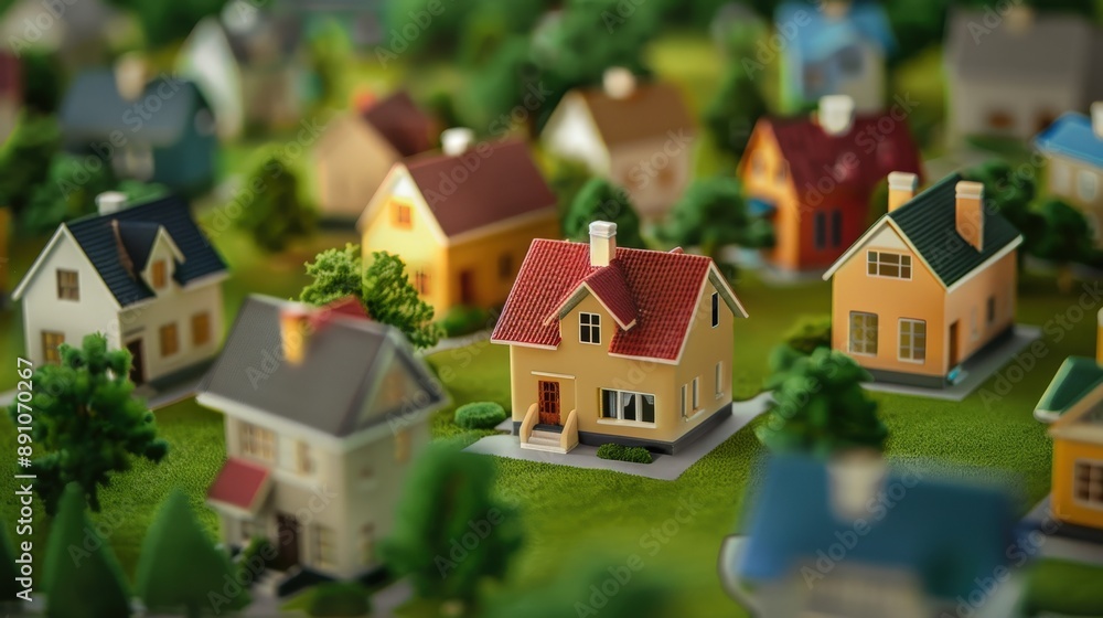 A row of houses with a green grassy area in between. The houses are all different colors and sizes A row of houses with a green grassy area in between. The houses are all different colors and sizes
