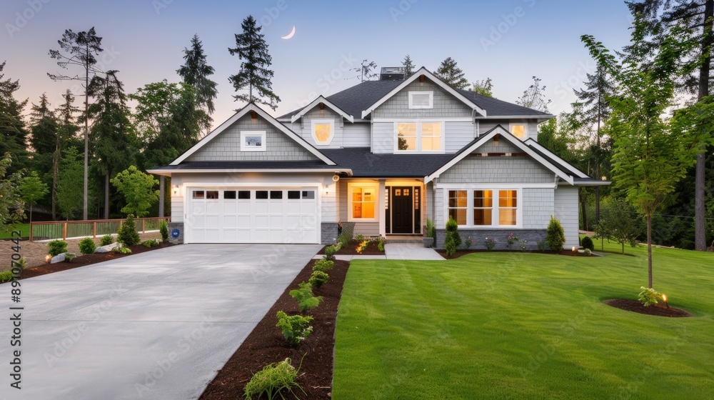 A large house with a white garage door and a black roof. The house is surrounded by a lush green lawn and a driveway. The house is well-lit and has a welcoming atmosphere A large house with a white garage door and a black roof. The house is surrounded by a lush green lawn and a driveway. The house is well-lit and has a welcoming atmosphere