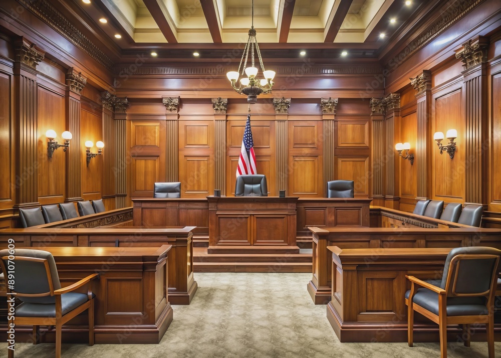 A stately courtroom setting features an empty judge's bench with a solemn atmosphere, awaiting a confident female judge to preside over a crucial legal proceeding. A stately courtroom setting features an empty judge's bench with a solemn atmosphere, awaiting a confident female judge to preside over a crucial legal proceeding.