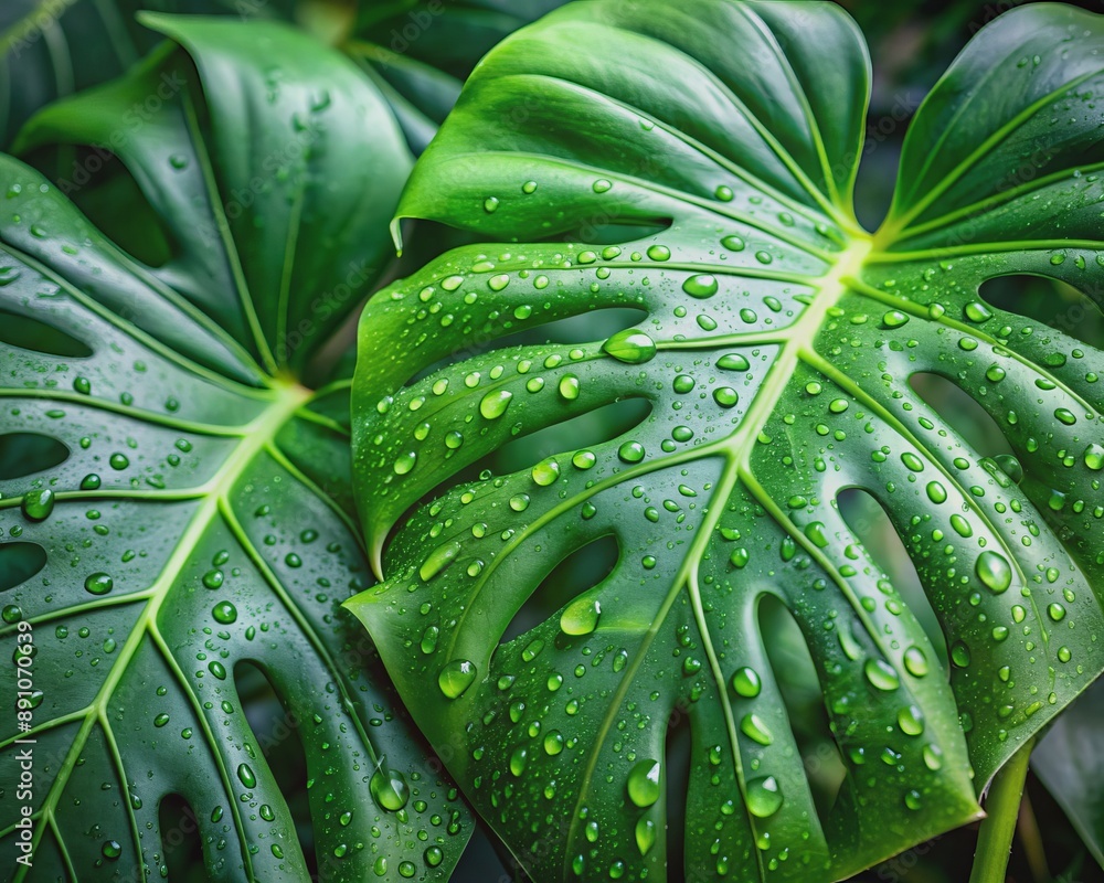 Fototapeta premium Fresh Monstera deliciosa leaves with dewy raindrops glisten against a soft, luminous background, showcasing vibrant green hues and delicate, intricate leaf structures in high contrast.