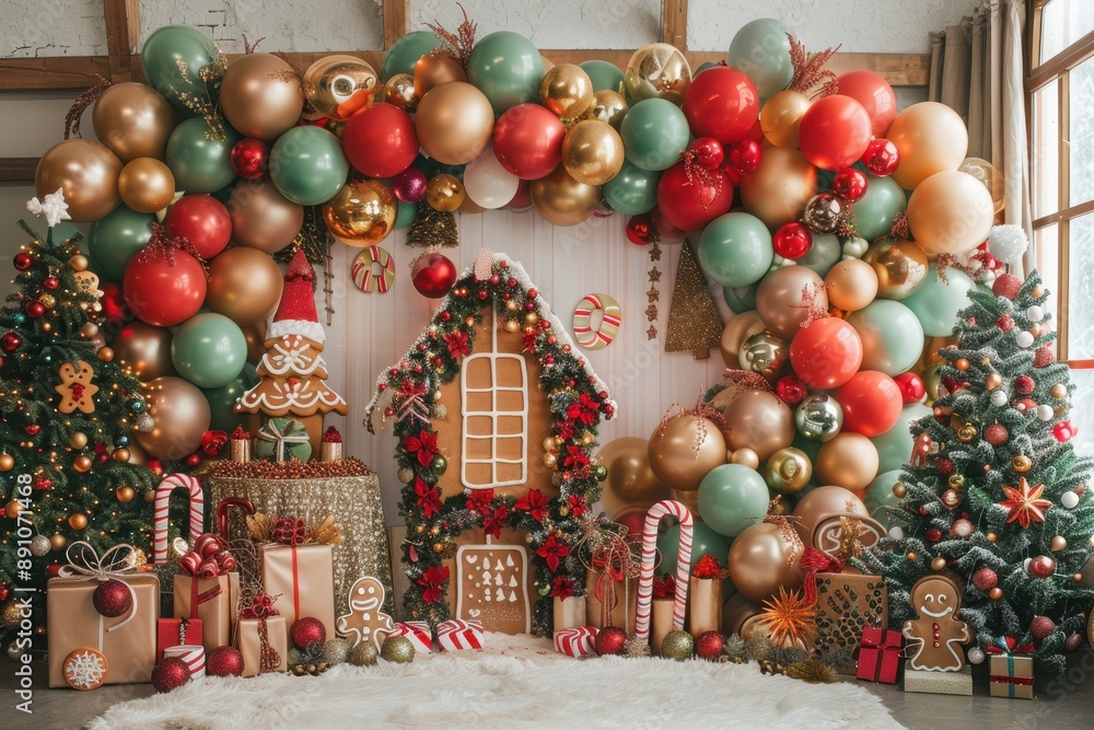 Naklejka premium A festive scene with a gingerbread house, a santa Claus, and a Christmas tree