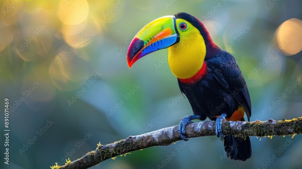 Obraz premium Colorful Keel-Billed Toucan perched on a branch in Costa Rican forest - Central America Nature and Travel Photography