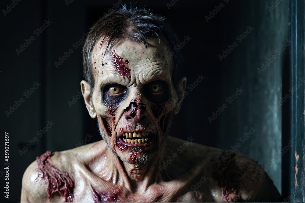 Portrait of a scary zombie man looking at the camera in a dark room with copy space. Portrait of a scary zombie man looking at the camera in a dark room with copy space.