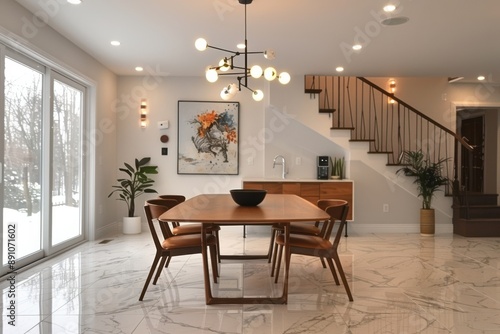 A large dining room with a long wooden table and many chairs