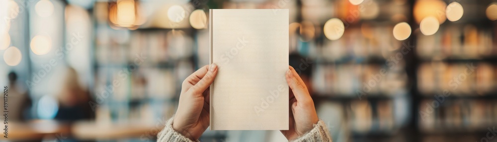 Obraz premium A person is holding a book with a white cover. The book is old and has a worn appearance. The person is holding the book in a library, surrounded by many other books