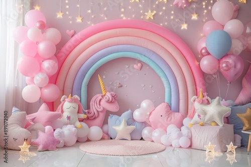A pink room with a rainbow and a unicorn