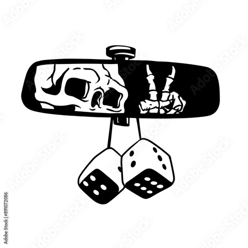 Silhouette Illustration  of Grim Reaper Looking in Car Rearview Mirror