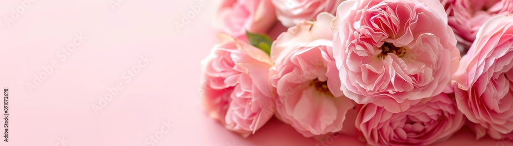 Fototapeta premium Bouquet of pink roses on a pastel background, showcasing the vibrant and romantic beauty of the flowers in a soft, charming setting.