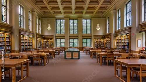 Spacious library with wooden tables and bookshelves, daytime