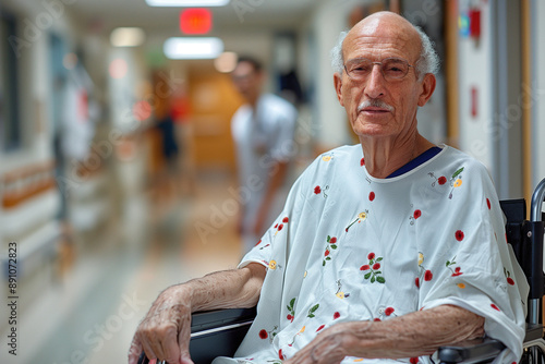 Male Orderly Pushing Senior Male Patient Being Discharged From Hospital In Wheelchair photo