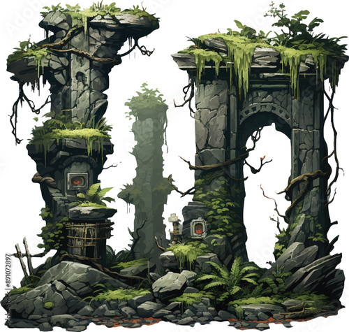 variety of stylized bushes and trees and rocks isolate 
