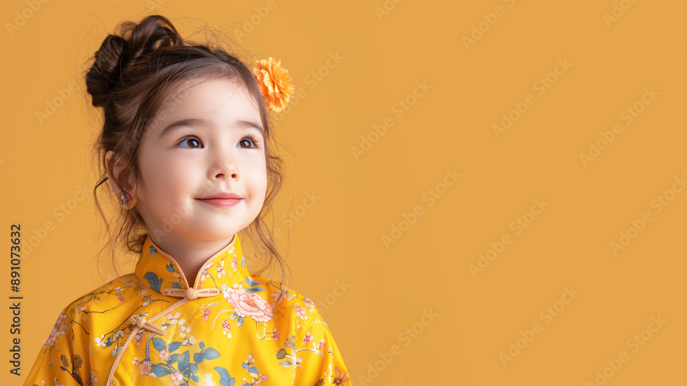 Australian girl smile wearing yellow cheongsam at chinese new year festive Australian girl smile wearing yellow cheongsam at chinese new year festive