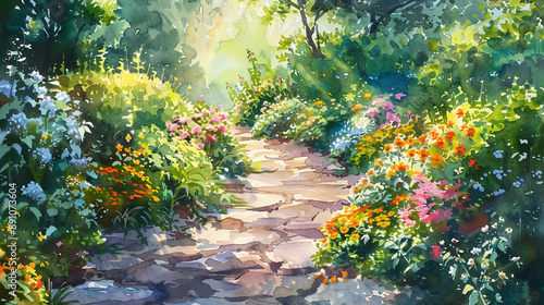 Herb garden with neatly arranged plants, sunlight filtering through, Watercolor, Bright colors, Soft brushstrokes