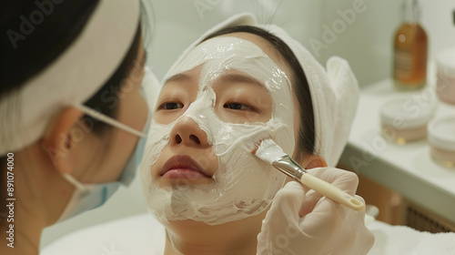 Acne-Affected South Korean Woman Receiving Sulfur Mask Treatment, Emphasizing Drying and Antibacterial Properties photo