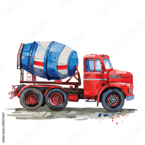 Red Cement Mixer Truck Watercolor Illustration