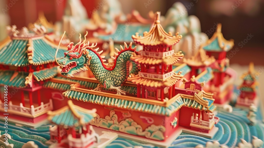 Intricate model of traditional Asian architecture with dragon Intricate model of traditional Asian architecture with dragon