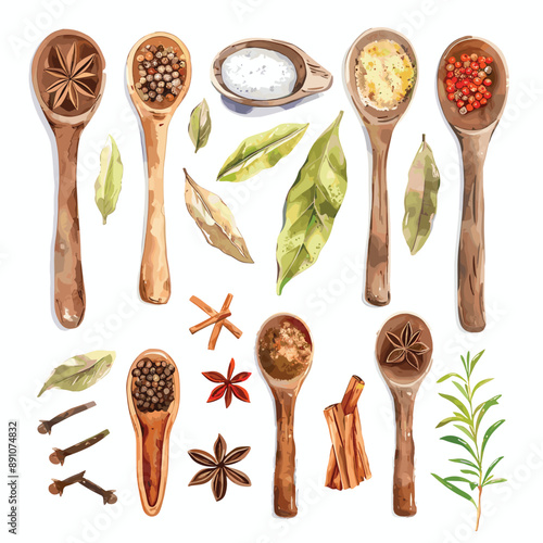 Wooden spoons filled with various spices, herbs, and seasonings