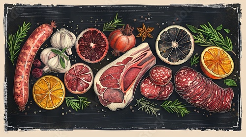 vector, illustration, flat, Vintage vector meat products design template. Hand drawn ham, sausages, jamon, spices and herbs. Raw food ingredients. Retro illustration. Can be use for label, restaurant 