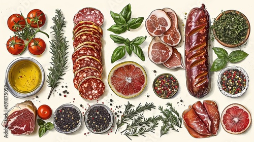 vector, illustration, flat, Vintage vector meat products design template. Hand drawn ham, sausages, jamon, spices and herbs. Raw food ingredients. Retro illustration. Can be use for label, restaurant 