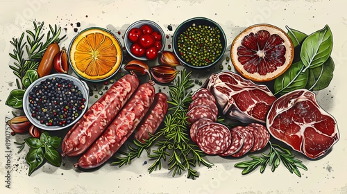 vector, illustration, flat, Vintage vector meat products design template. Hand drawn ham, sausages, jamon, spices and herbs. Raw food ingredients. Retro illustration. Can be use for label, restaurant 