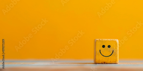 Single yellow wooden block with a smiling face on a wooden surface against a bright yellow background. The minimalist design and ample copy space make it ideal for themes related to positivity, happin photo