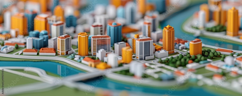 A detailed model of a vibrant city featuring colorful buildings, streets, and green spaces alongside a serene river. A detailed model of a vibrant city featuring colorful buildings, streets, and green spaces alongside a serene river.