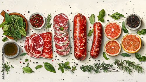 vector, illustration, flat, Vintage vector meat products design template. Hand drawn ham, sausages, jamon, spices and herbs. Raw food ingredients. Retro illustration. Can be use for label, restaurant 