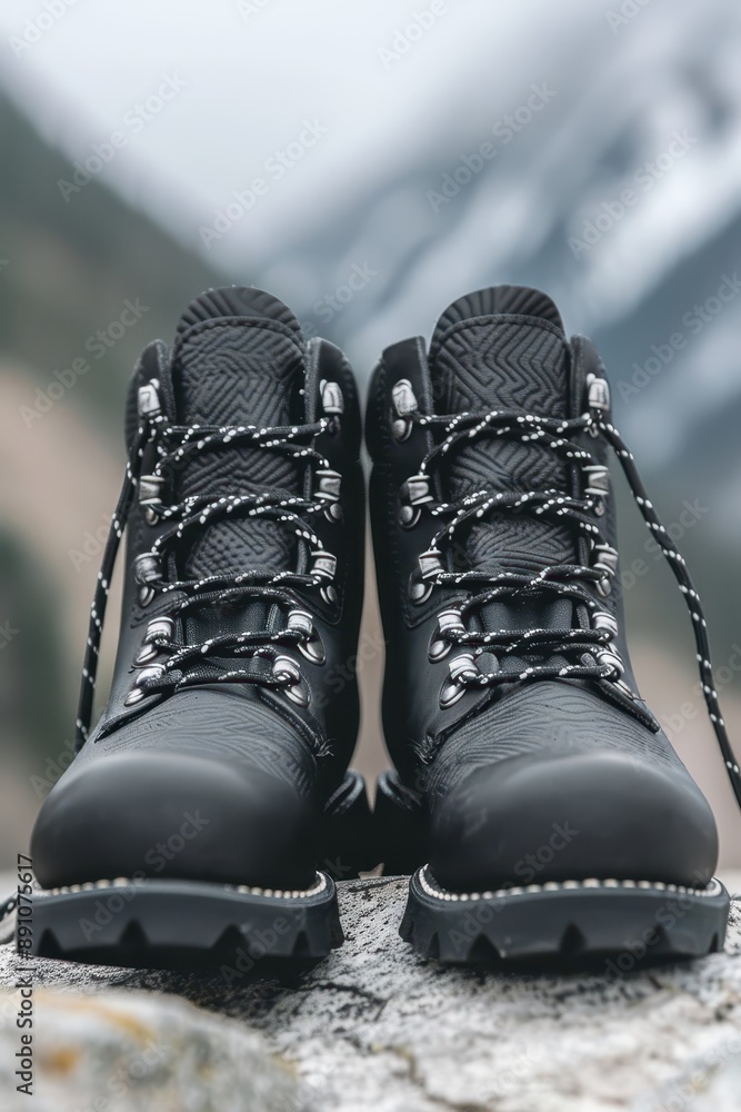 Two black boots with laces and a black leather upper. The boots are on a rock and are facing the camera Two black boots with laces and a black leather upper. The boots are on a rock and are facing the camera