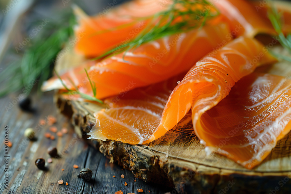 Delicious Smoked Salmon Slices Arranged on a Rustic Wooden Platter Delicious Smoked Salmon Slices Arranged on a Rustic Wooden Platter
