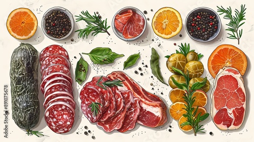 vector, illustration, flat, Vintage vector meat products design template. Hand drawn ham, sausages, jamon, spices and herbs. Raw food ingredients. Retro illustration. Can be use for label, restaurant 