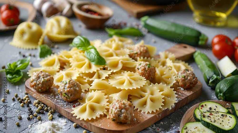 Homemade delicious raw pasta farfalle with meat balls and zucchini and raw ingredients and on wooden boards closeup on grey background Homemade delicious raw pasta farfalle with meat balls and zucchini and raw ingredients and on wooden boards closeup on grey background