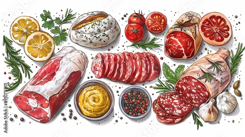 vector, illustration, flat, Vintage vector meat products design template. Hand drawn ham, sausages, jamon, spices and herbs. Raw food ingredients. Retro illustration. Can be use for label, restaurant 