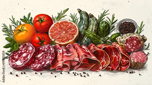 vector, illustration, flat, Vintage vector meat products design template. Hand drawn ham, sausages, jamon, spices and herbs. Raw food ingredients. Retro illustration. Can be use for label, restaurant 