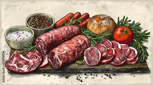 vector, illustration, flat, Vintage vector meat products design template. Hand drawn ham, sausages, jamon, spices and herbs. Raw food ingredients. Retro illustration. Can be use for label, restaurant 