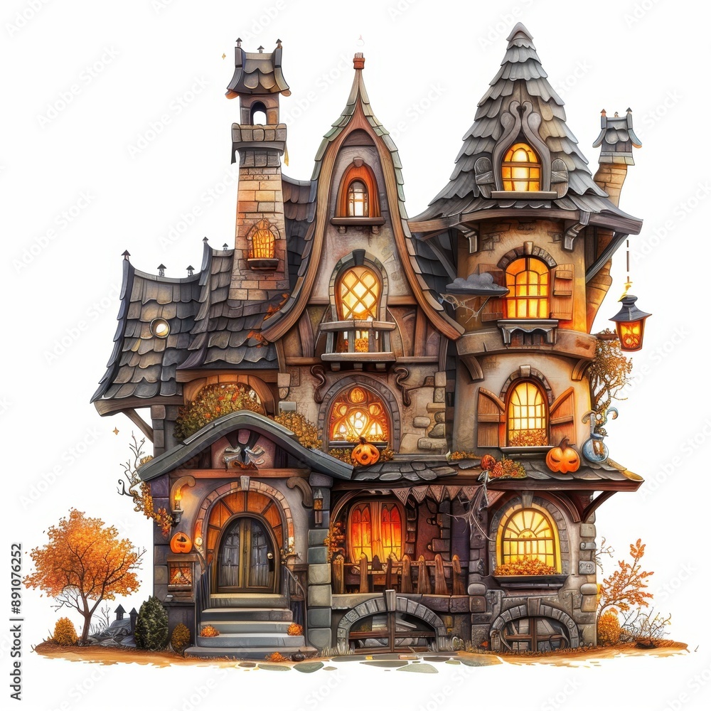 Whimsical Haunted House with intricate architecture and Glowing Windows Whimsical Haunted House with intricate architecture and Glowing Windows