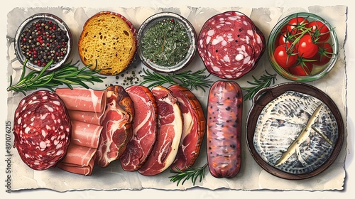 vector, illustration, flat, Vintage vector meat products design template. Hand drawn ham, sausages, jamon, spices and herbs. Raw food ingredients. Retro illustration. Can be use for label, restaurant 