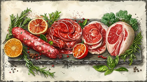 vector, illustration, flat, Vintage vector meat products design template. Hand drawn ham, sausages, jamon, spices and herbs. Raw food ingredients. Retro illustration. Can be use for label, restaurant 