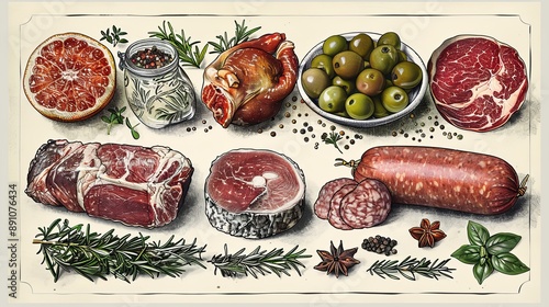 vector, illustration, flat, Vintage vector meat products design template. Hand drawn ham, sausages, jamon, spices and herbs. Raw food ingredients. Retro illustration. Can be use for label, restaurant 
