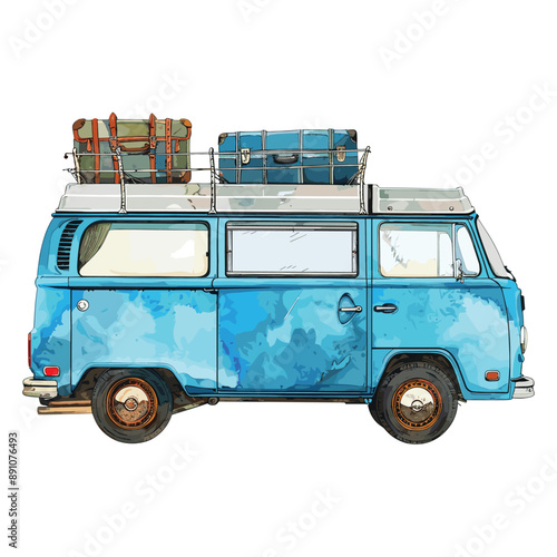 Vintage Blue Camper Van with Luggage on Roof Rack for Road Trip