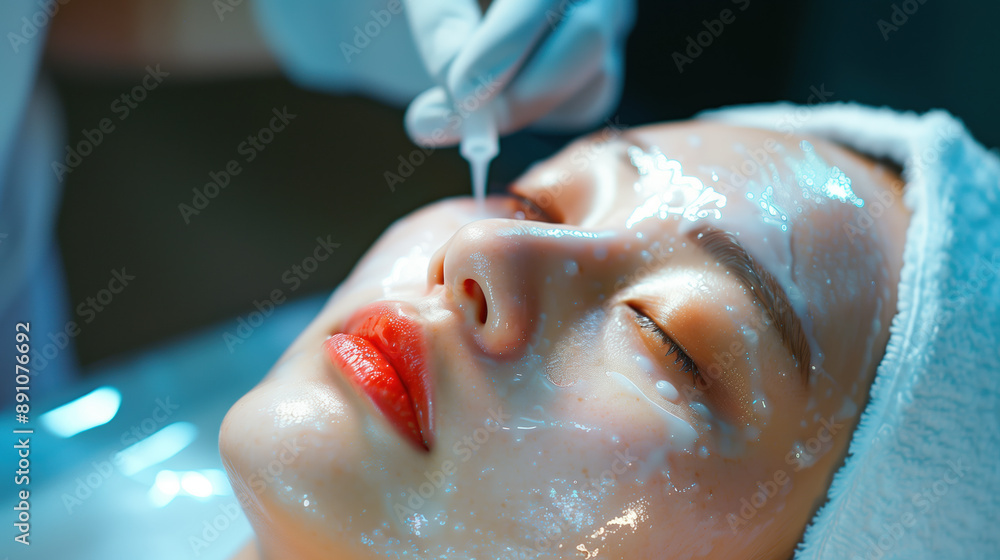 Fototapeta premium Erythromycin Solution Application on South Korean Woman’s Facial Acne Showing Reduction in Redness and Swelling