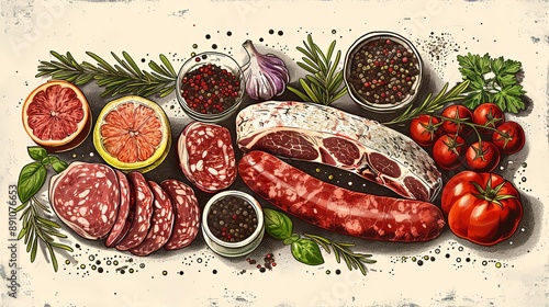 vector, illustration, flat, Vintage vector meat products design template. Hand drawn ham, sausages, jamon, spices and herbs. Raw food ingredients. Retro illustration. Can be use for label, restaurant 
