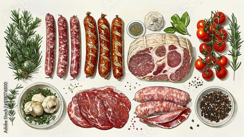 vector, illustration, flat, Vintage vector meat products design template. Hand drawn ham, sausages, jamon, spices and herbs. Raw food ingredients. Retro illustration. Can be use for label, restaurant 