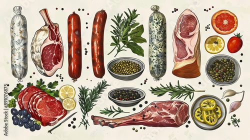 vector, illustration, flat, Vintage vector meat products design template. Hand drawn ham, sausages, jamon, spices and herbs. Raw food ingredients. Retro illustration. Can be use for label, restaurant 