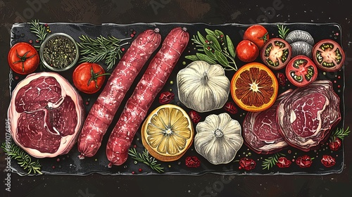 vector, illustration, flat, Vintage vector meat products design template. Hand drawn ham, sausages, jamon, spices and herbs. Raw food ingredients. Retro illustration. Can be use for label, restaurant 