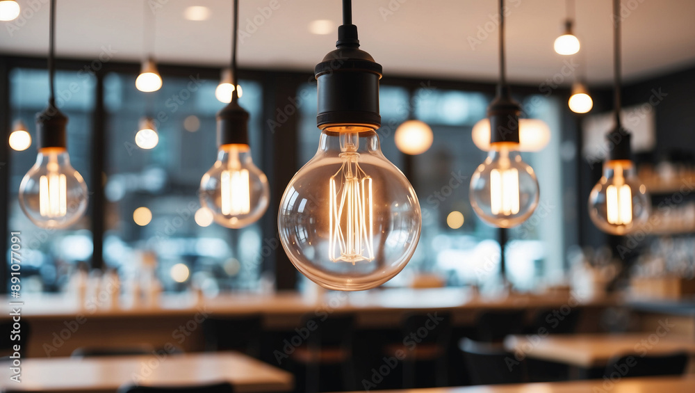 Obraz premium Several Edison bulbs hang from ceiling of modern restaurant, casting warm glow over tables and chairs