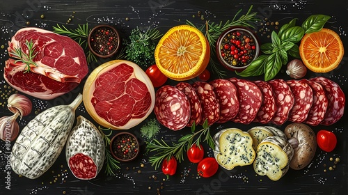 vector, illustration, flat, Vintage vector meat products design template. Hand drawn ham, sausages, jamon, spices and herbs. Raw food ingredients. Retro illustration. Can be use for label, restaurant 