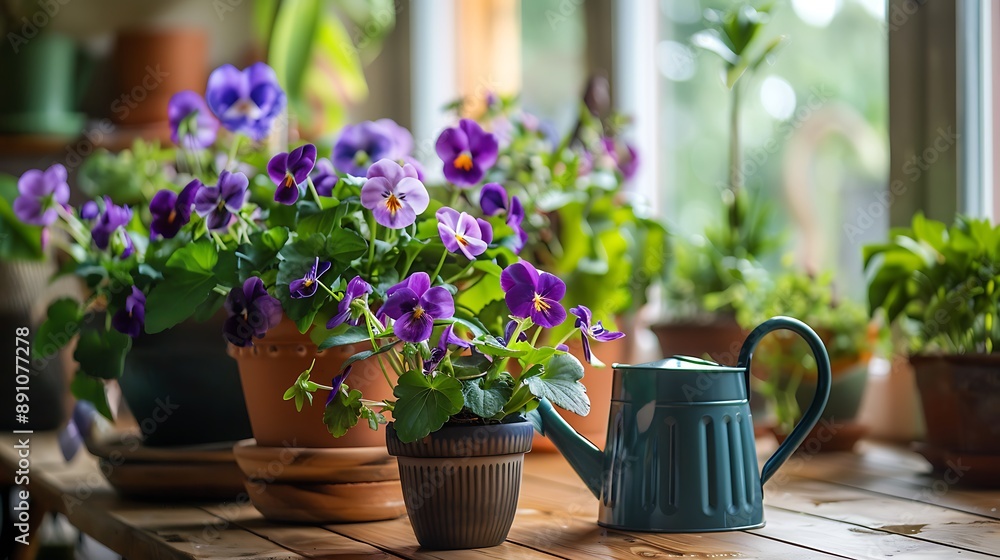 In the room on the table there are flower pots with different violets blooming watered from a watering can In the room on the table there are flower pots with different violets blooming watered from a watering can