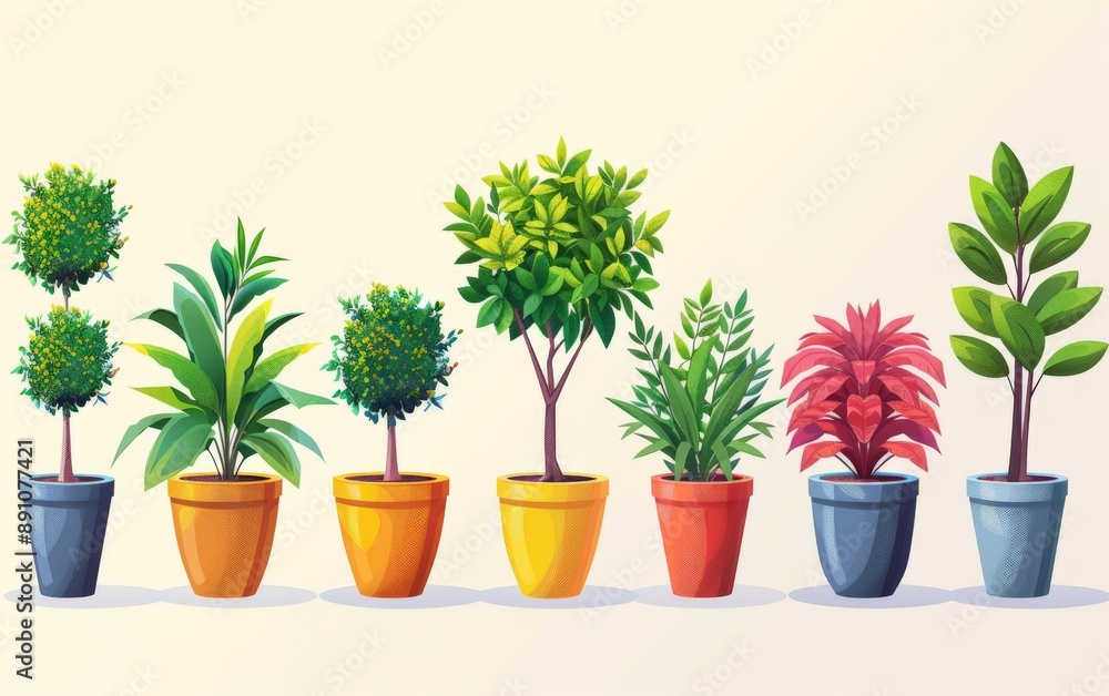 Fototapeta premium potted plant with tree Collection of flat illustrations arranged in a row. White background vector 