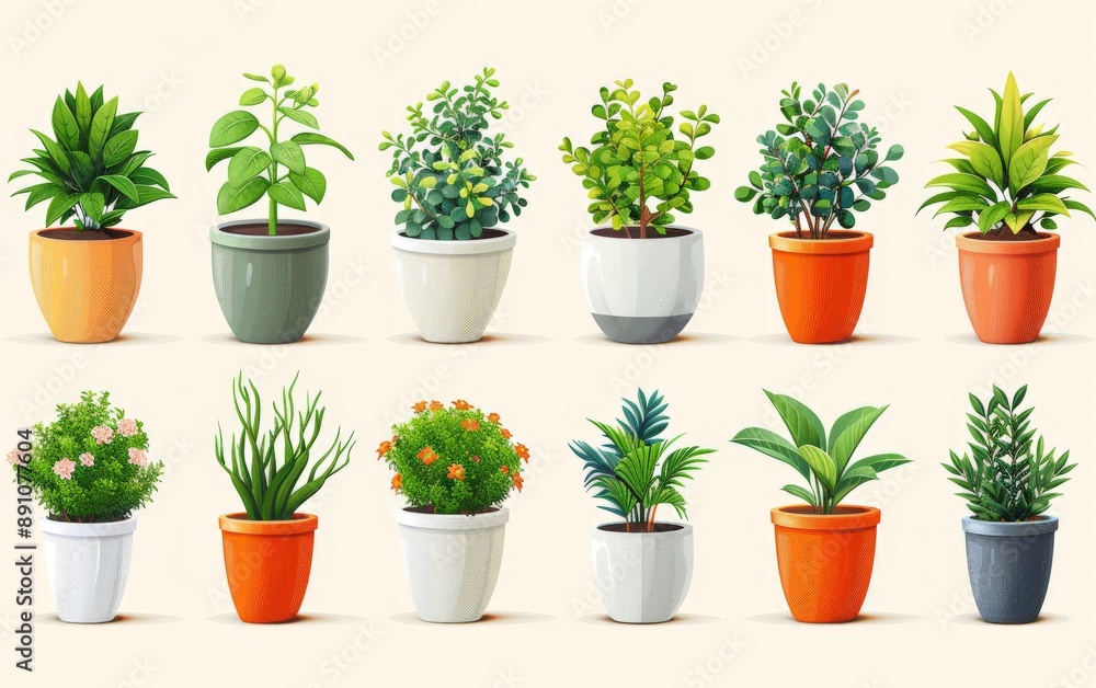potted plant with tree Collection of flat illustrations arranged in a row. White background vector potted plant with tree Collection of flat illustrations arranged in a row. White background vector