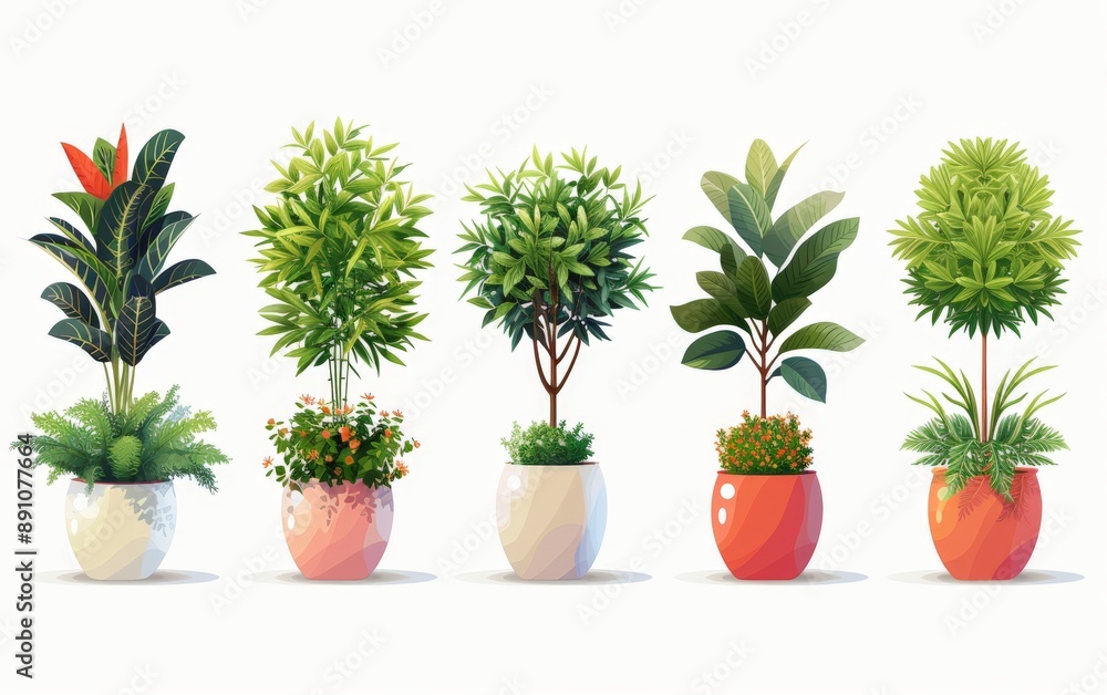 potted plant with tree Collection of flat illustrations arranged in a row. White background vector potted plant with tree Collection of flat illustrations arranged in a row. White background vector